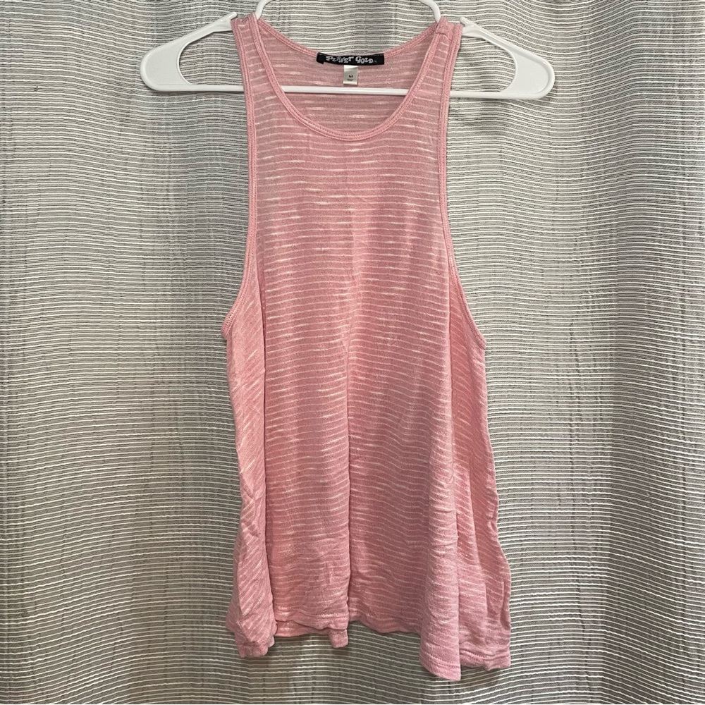 Pink tank top with thin white stripes